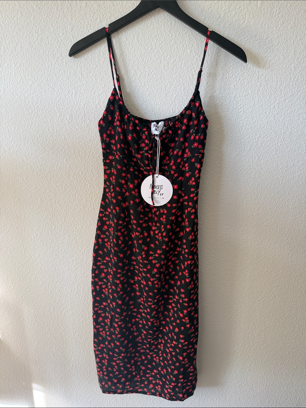 Princess Polly Black Midi Slip Dress with Red Floral Print